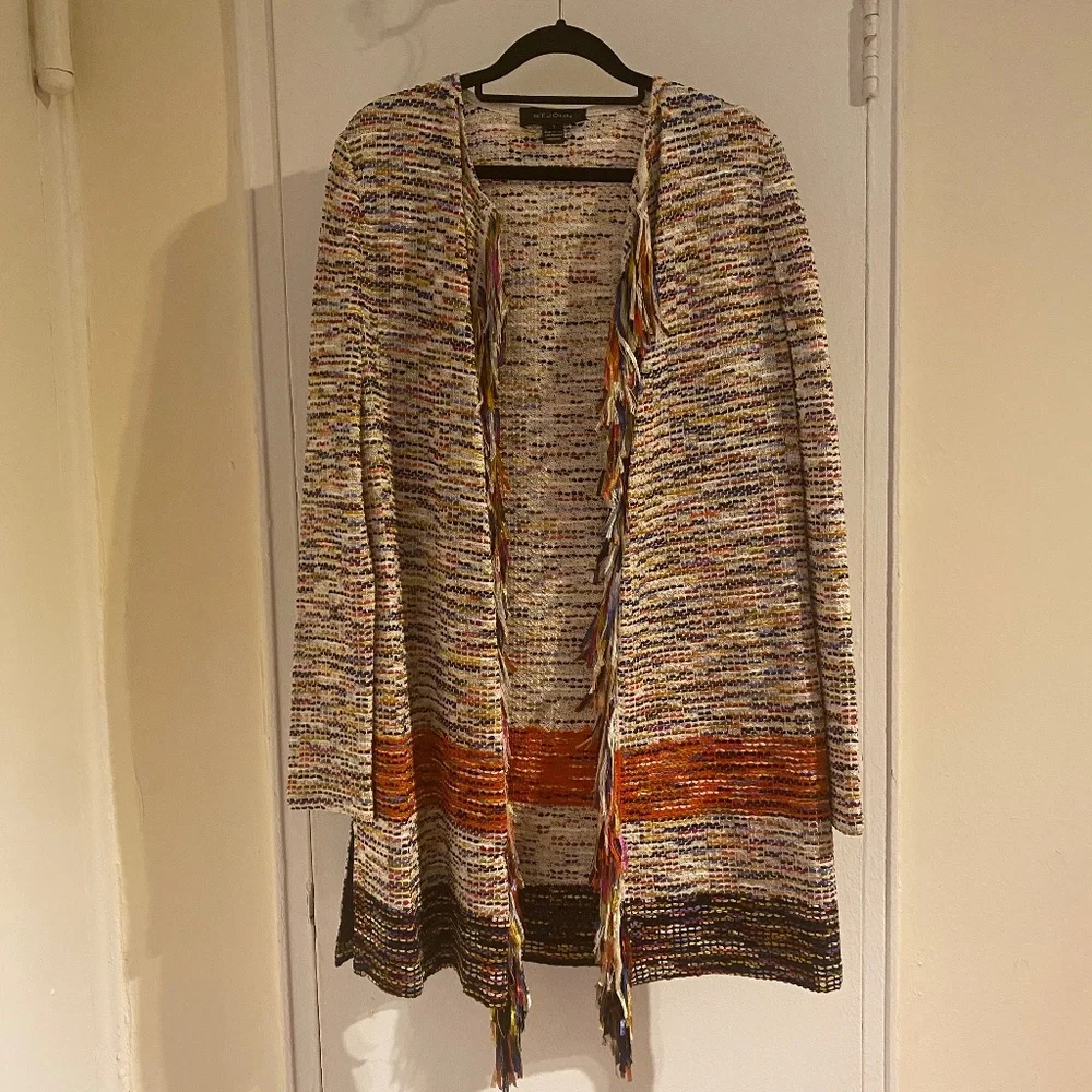 St. John Colorful Multicolor Long Open Cardigan with Fringe Size Petite P - Picture 1 of 4
